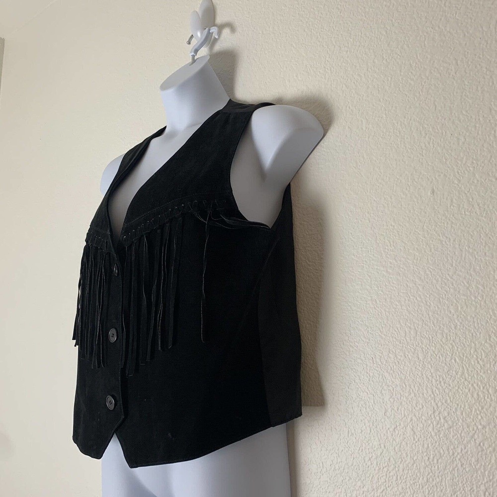 SANTA FE Womens Leather Suede Vest L Fringe Bohemian Black Button Up Sleeveless - Picture 4 of 9